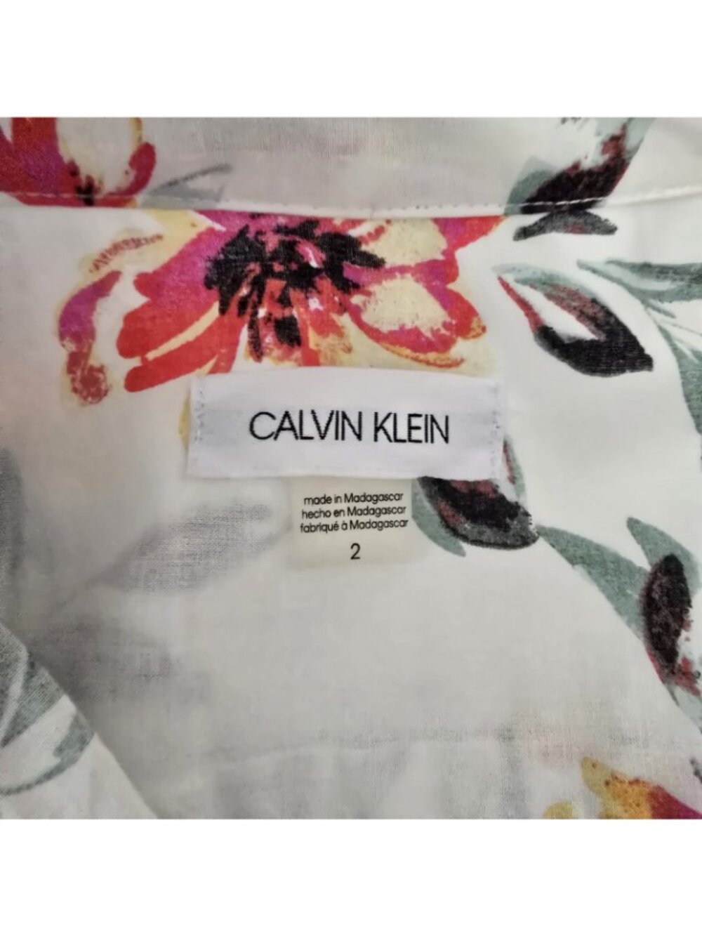 Calvin Klein - 2 Floral Midi Shirt Dress Cotton Belted Puff Sleeve Chest Pockets - Picture 9 of 11